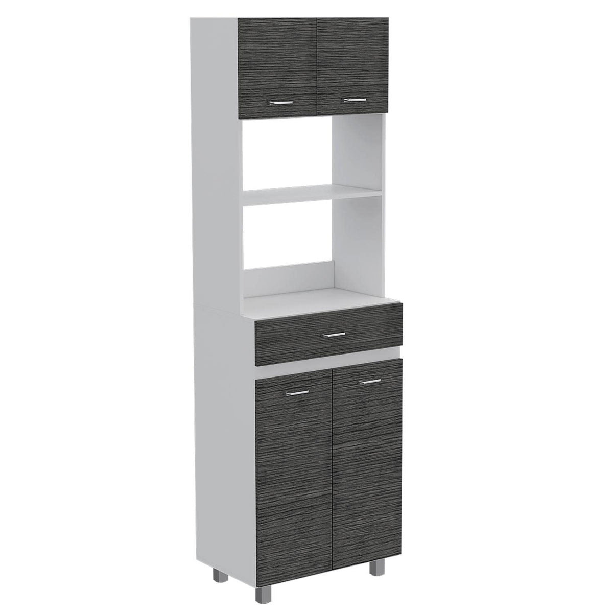 Mucura Microwave Cabinet with Drawer, 2 Double Doors, Open Shelf, and 4 Shelves, Smokey Oak/White