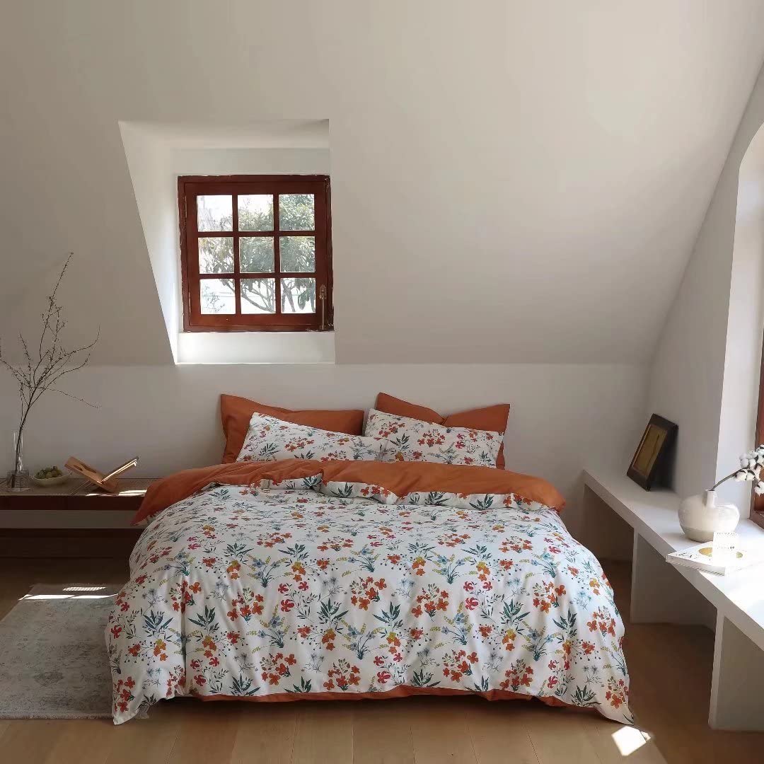 Houseri Orange Floral Comforter Set King Peacock Blue Botanical Bedding Sets King Size Yellow Red Blue Flower Bedding Comforter 