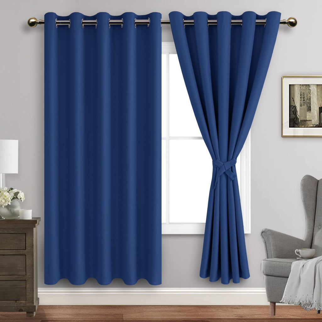 Jiuzhen Classic Blue Blackout Curtains With Tiebacks Thermal Insulated, Light Blocking And Noise Reducing Grommet Curtains For And Living Room, Set Of 2 Window Curtain Panels, 60 X 72 Inch Length