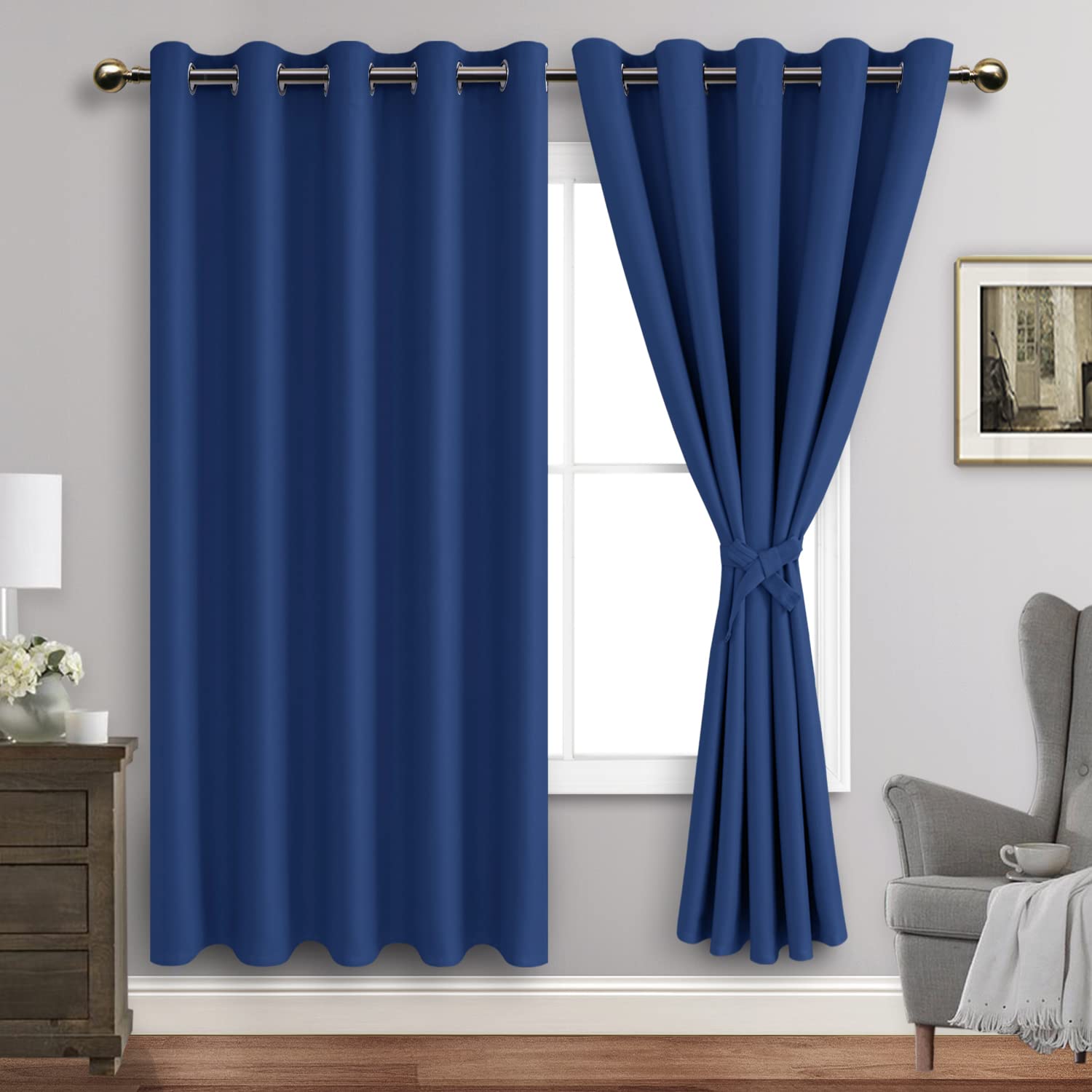 Jiuzhen Classic Blue Blackout Curtains With Tiebacks Thermal Insulated, Light Blocking And Noise Reducing Grommet Curtains For And Living Room, Set Of 2 Window Curtain Panels, 60 X 72 Inch Length