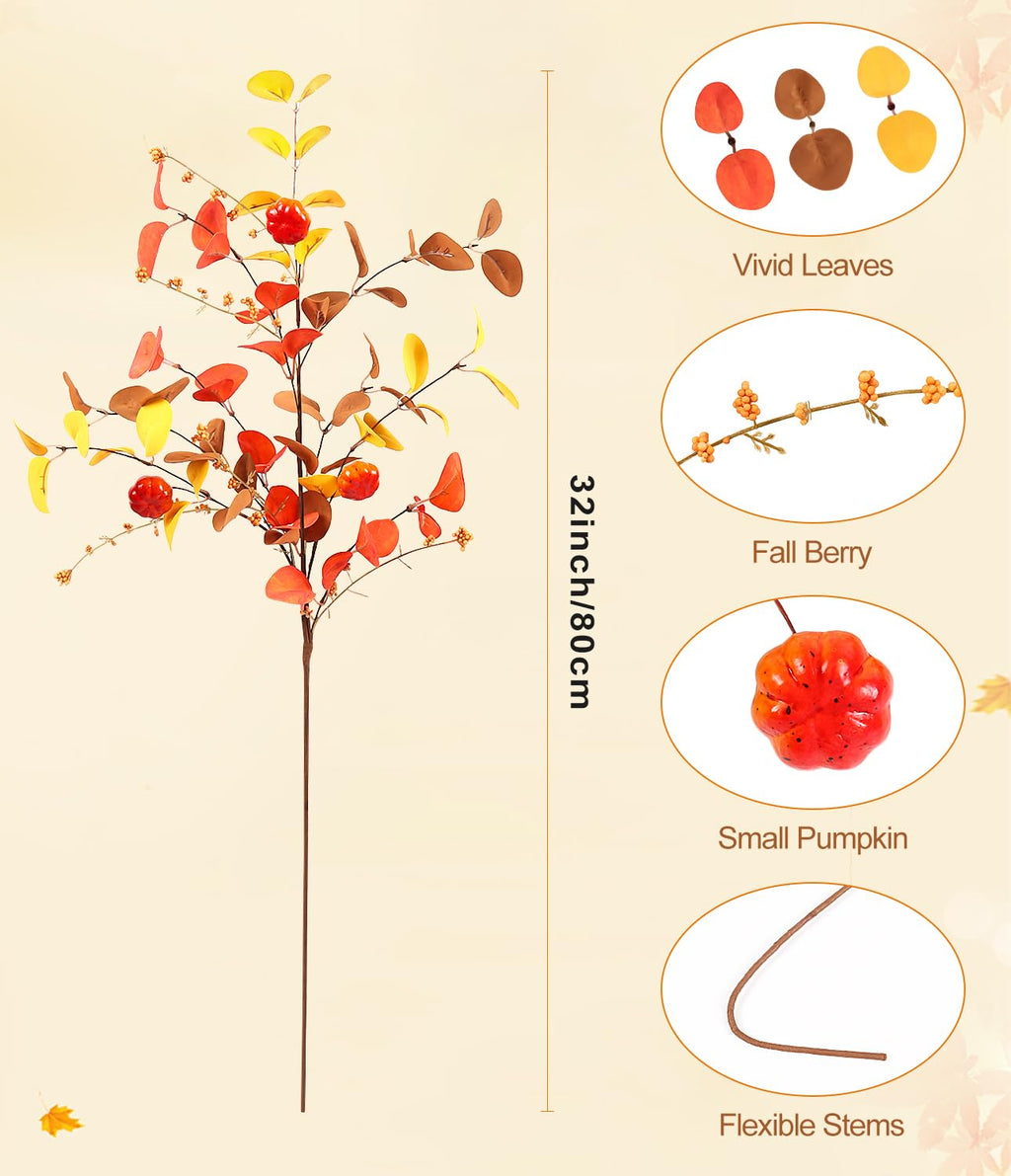 Beferr Fall Eucalyptus Stems Decor - 5Pcs 32'' Tall Faux Eucalyptus Leaves Pumpkins Branches Autumn Thanksgiving Farmhouse Harve