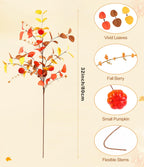 Beferr Fall Eucalyptus Stems Decor - 5Pcs 32'' Tall Faux Eucalyptus Leaves Pumpkins Branches Autumn Thanksgiving Farmhouse Harve