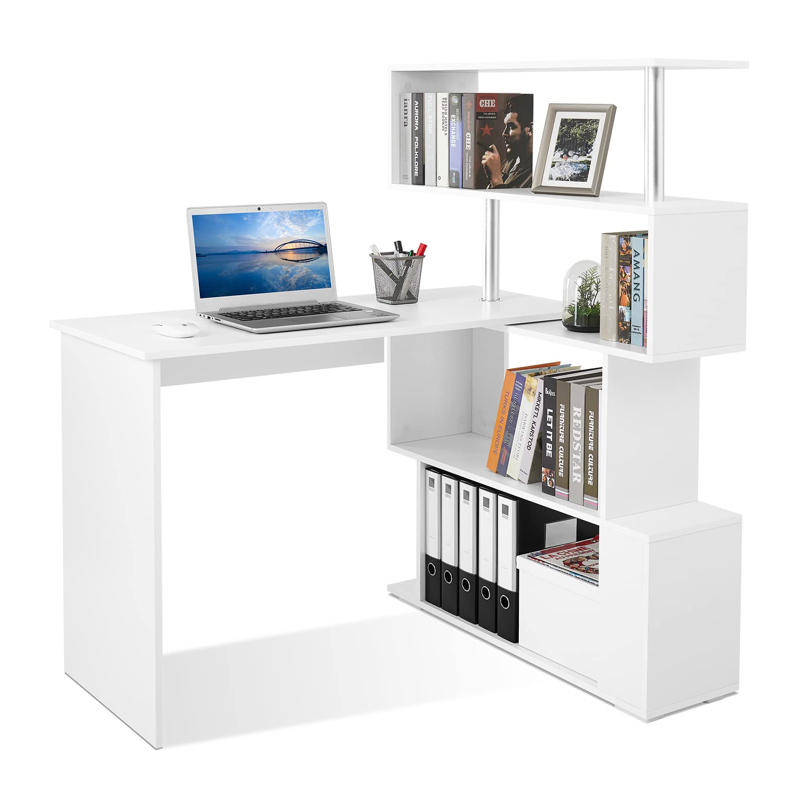 Mondeer 41.7' L Shaped Desk With 4-Tier Storage Shelves, Computer Corner Desk For Study Home Office Living Room (White)