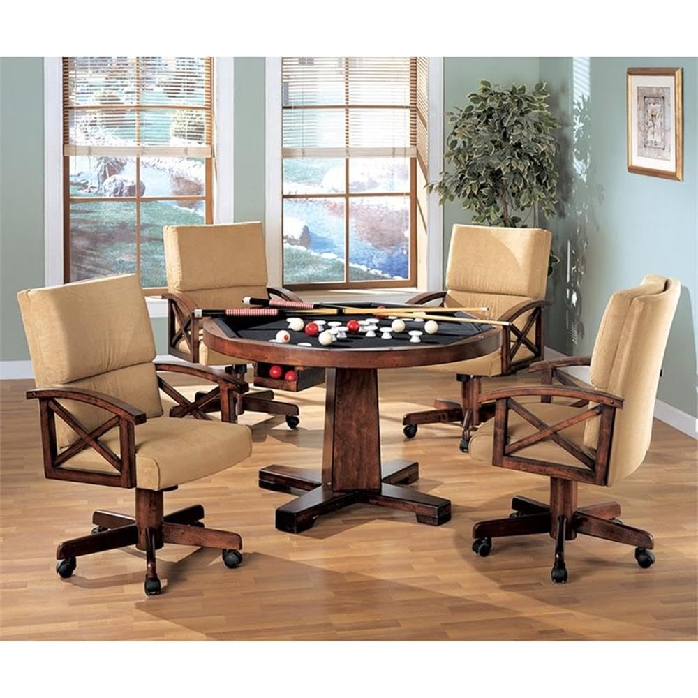 Coaster Home Furnishings 5-Piece 3-in-1 Game Table Set Tobacco/Tan Wood Chairs with Casters
