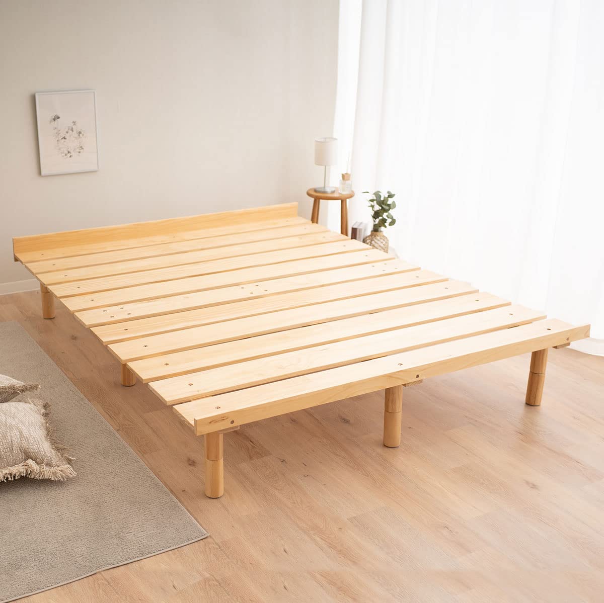 EMOOR Wood Slatted Floor Bed Frame OSMOS Full for Japanese Futon Mattress Solid Pine (Earth-Natural), Height Adjustable (2/7/12i