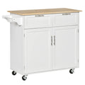 HOMCOM 41 Modern Rolling Kitchen Island on Wheels, Utility Cart Storage Trolley with Rubberwood Top & Drawers, White