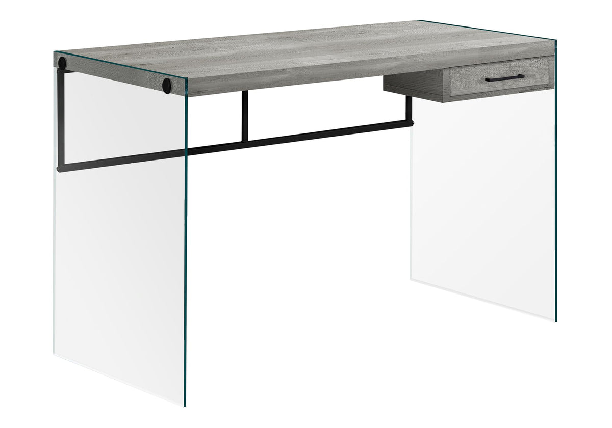 Monarch Specialties Computer Desk - Contemporary Writing Desk with Drawer - Tempered Glass Legs - 48'L (Grey Reclaimed Wood Look)