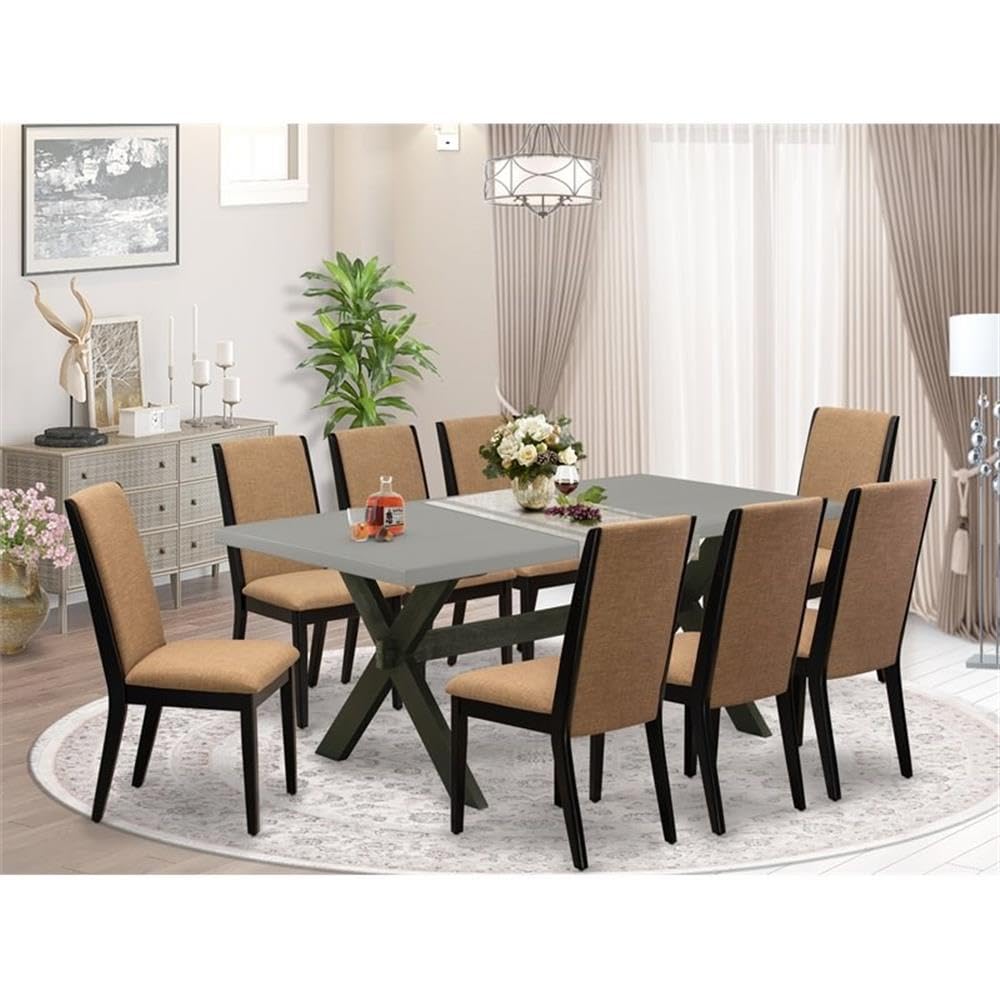 East West Furniture X697La147-9 9 Piece Dining Set Includes A Rectangle Dining Room Table With X-Legs And 8 Light Sable Linen Fabric Upholstered Chairs, 40X72 Inch, Multi-Color