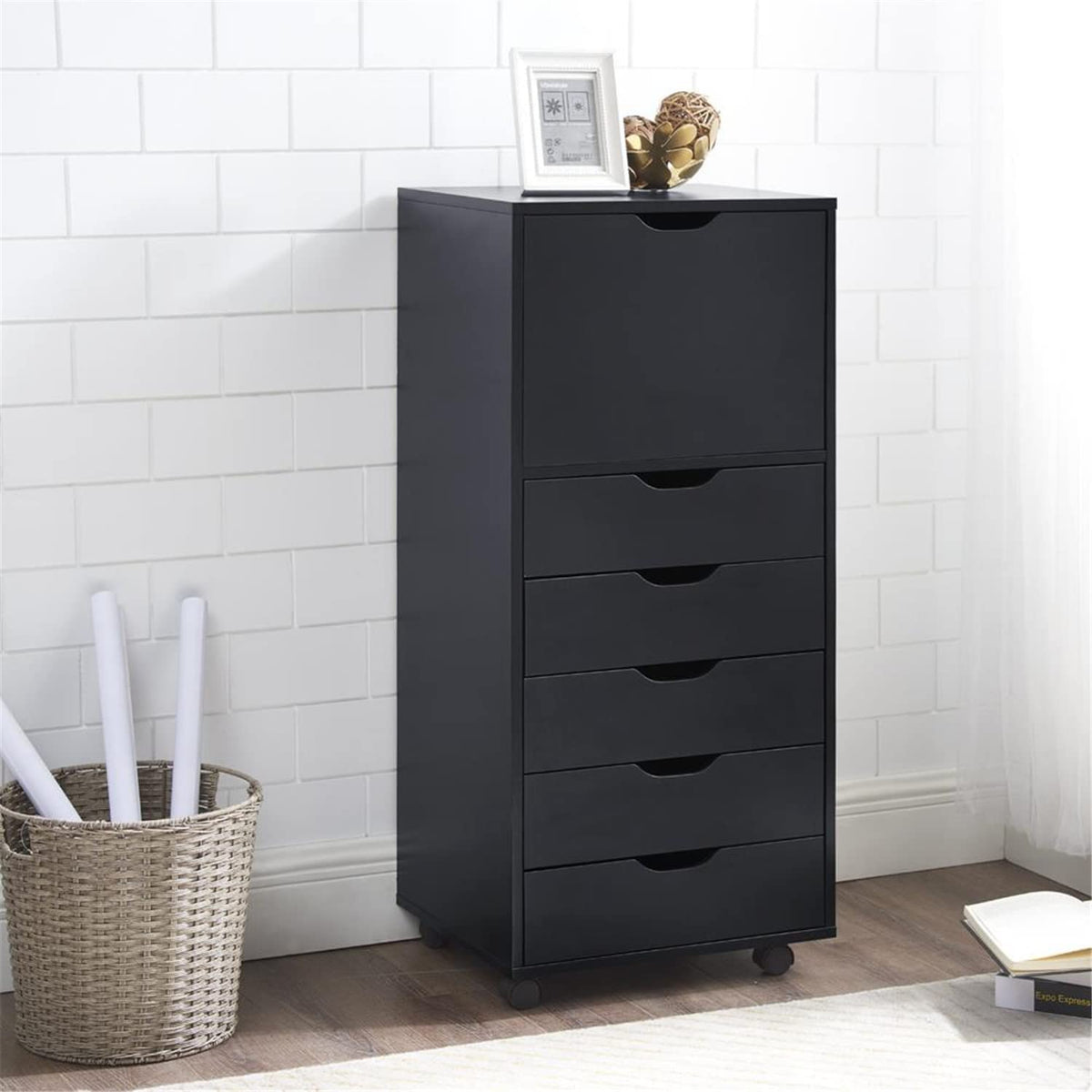 Naomi Home Drawer Dresser Storage Cabinet For Makeup Dresser Tall Chest Of Drawers, Drawer Chest Makeup Cabinet With Wheels Wood Closet Storage Drawers For Bedroom 6 Drawer, Black