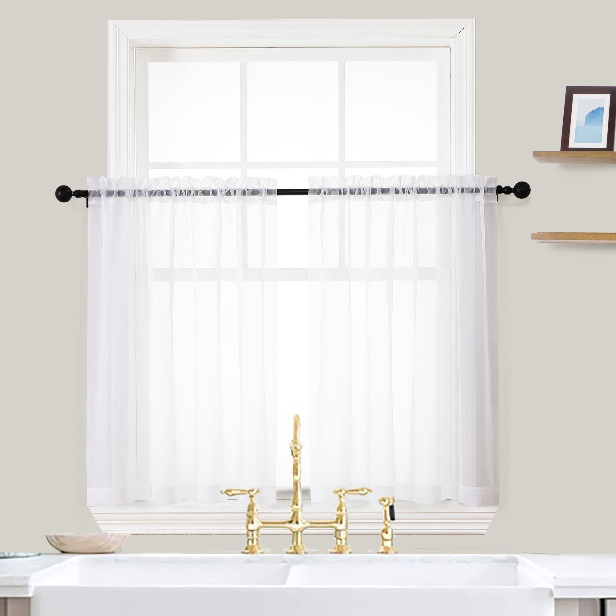 Ovzme White Sheer Curtains 36 Inch Length Kitchen Tiers Short Voile Curtains/Drapes Solid Sheers Cafe Curtains Voile Bathroom Sm