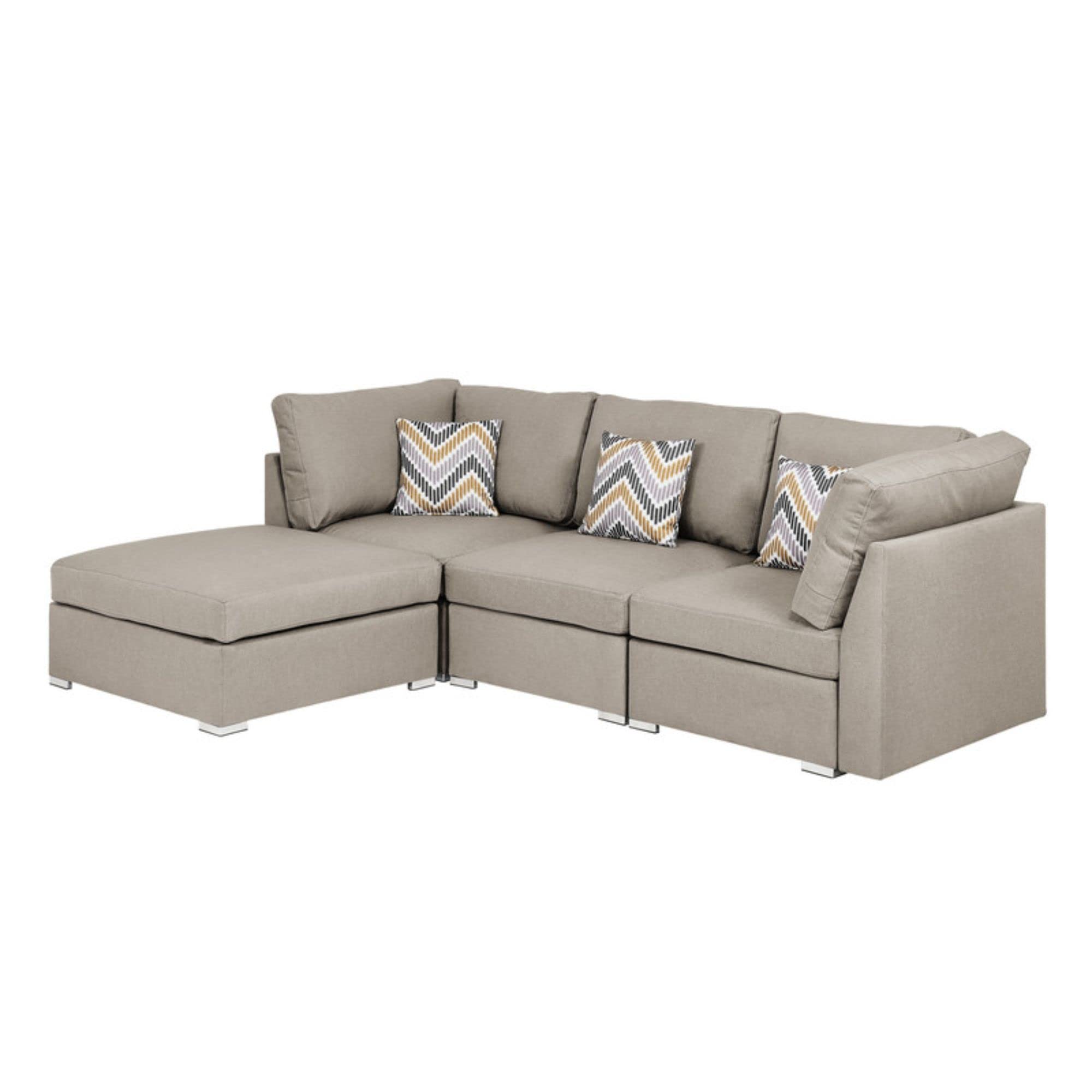Lilola Home Amira Beige Fabric Sofa with Ottoman and Pillows