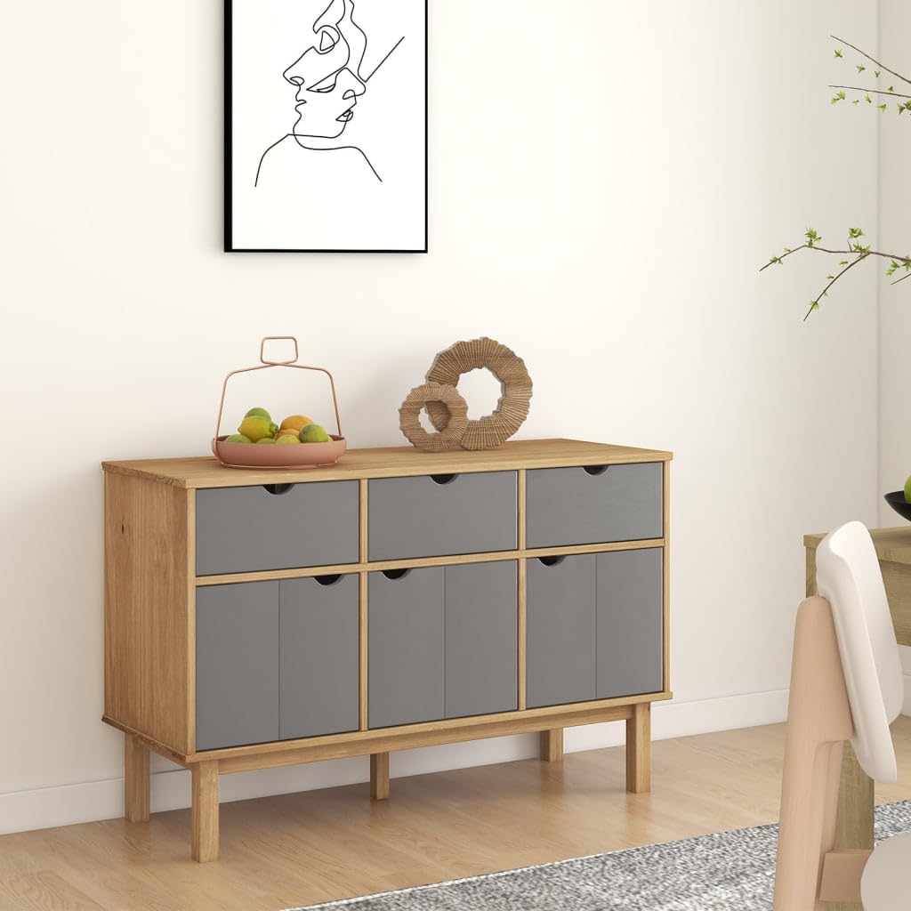 vidaXL OTTA Solid Wood Pine Sideboard in Brown and Gray - Scandinavian Style Storage Cabinet with Dimensions 44.9&quot;x16.9&quot;x28.9&quot; Perfect for Dining and Living Room