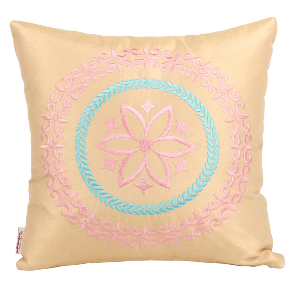 Sivya By Home Beige Dupion Silk Embroidered Cushion Cover 12X12 Inch, Pack Of 1 (Cc3099Ia)