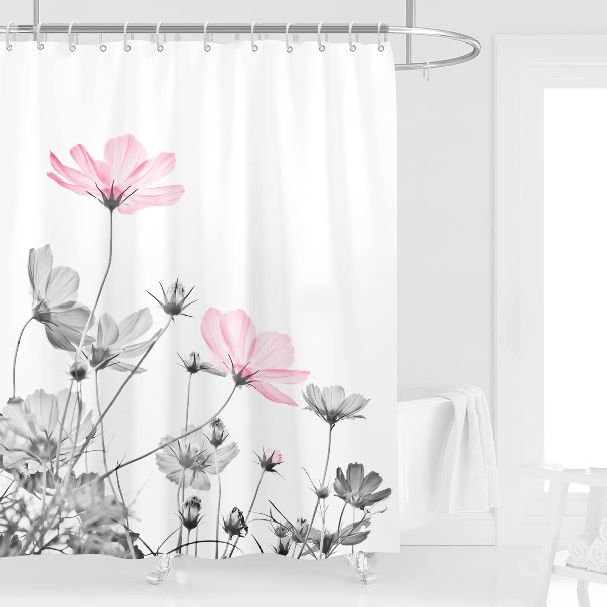 Kikiry Pink Gray Shower Curtain 60W x 72L White Grey Flowers Wildflower Daisy Floral Ink Painting Botanical Simple Elegance 