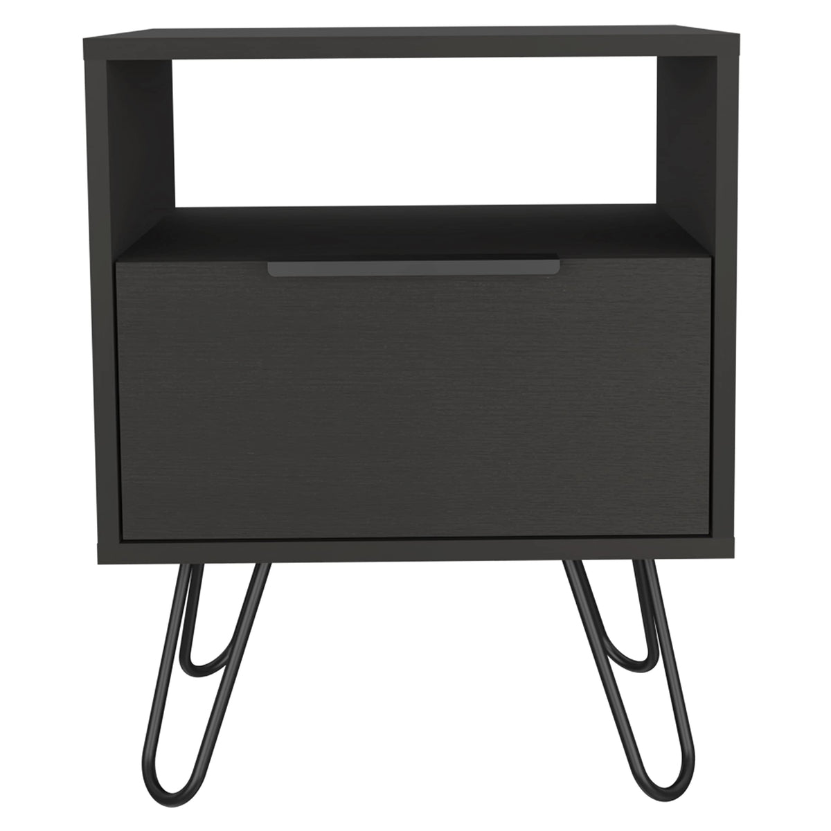 Nightstand 22' H, 1 Open Shelf, Single Door Cabient, Hairpin Legs, Smokey Oak