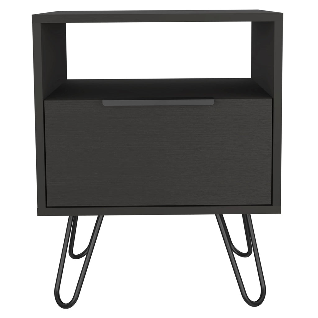 Nightstand 22&Quot; H, 1 Open Shelf, Single Door Cabient, Hairpin Legs, Black