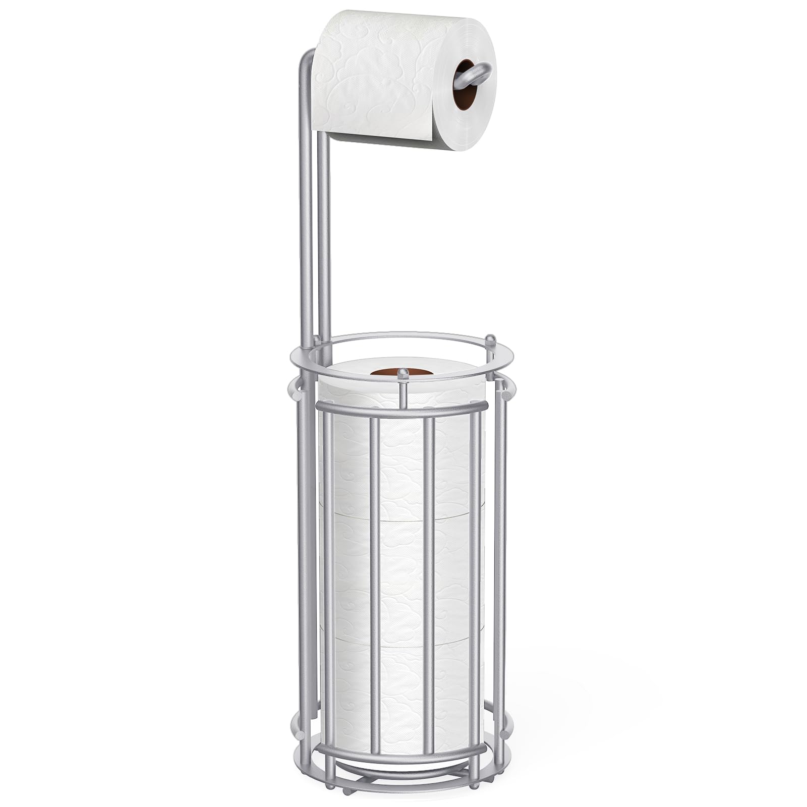 Meangood Toilet Paper Holder Stand and Tissue Paper Roll Dispenser for 4 Mega Rolls (Matte Silver)