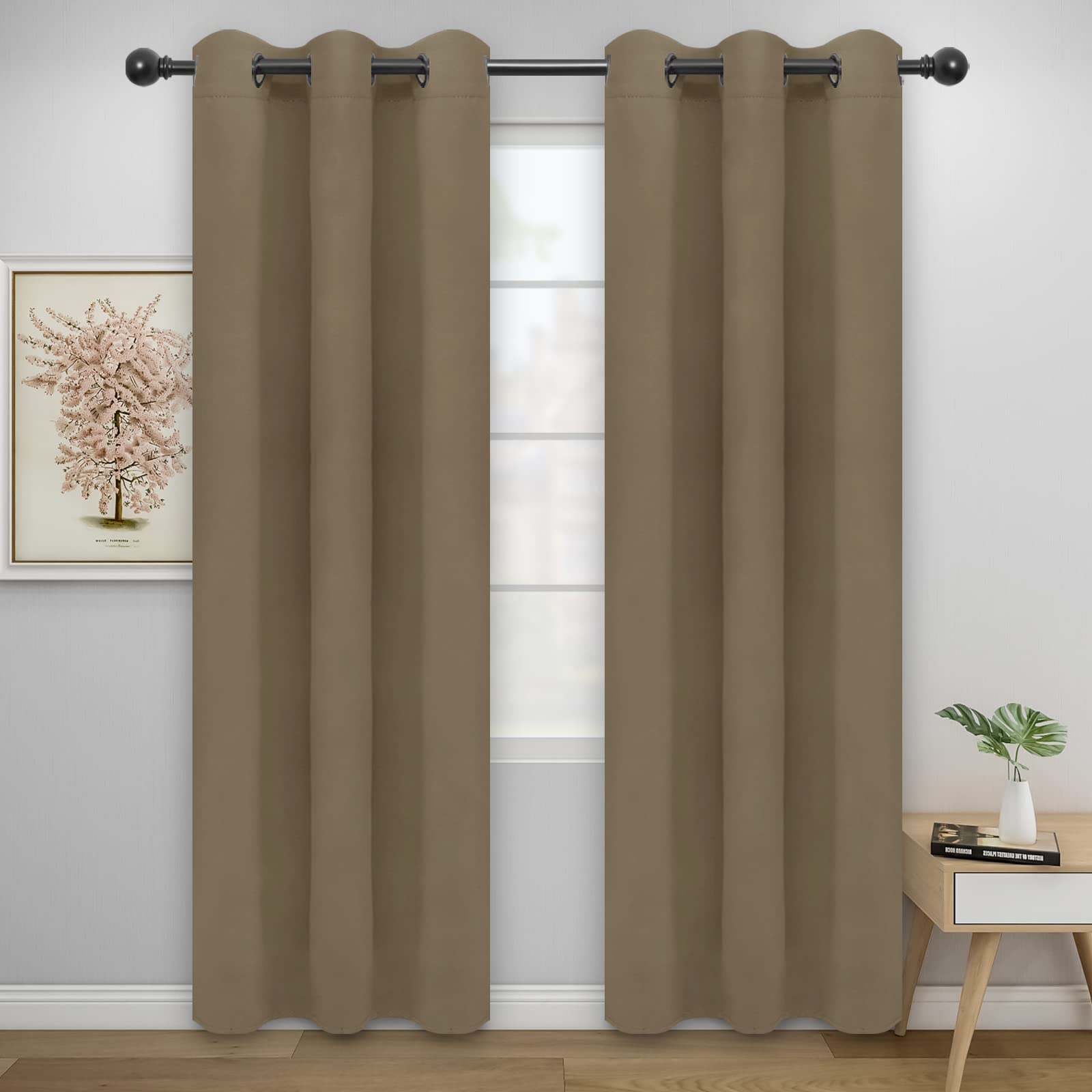 Easy-Going Blackout Curtains For Bedroom, Solid Thermal Insulated Grommet And Noise Reduction Window Drapes, Room Darkening Curtains For Living Room, 2 Panels(46X84 In, Tan)