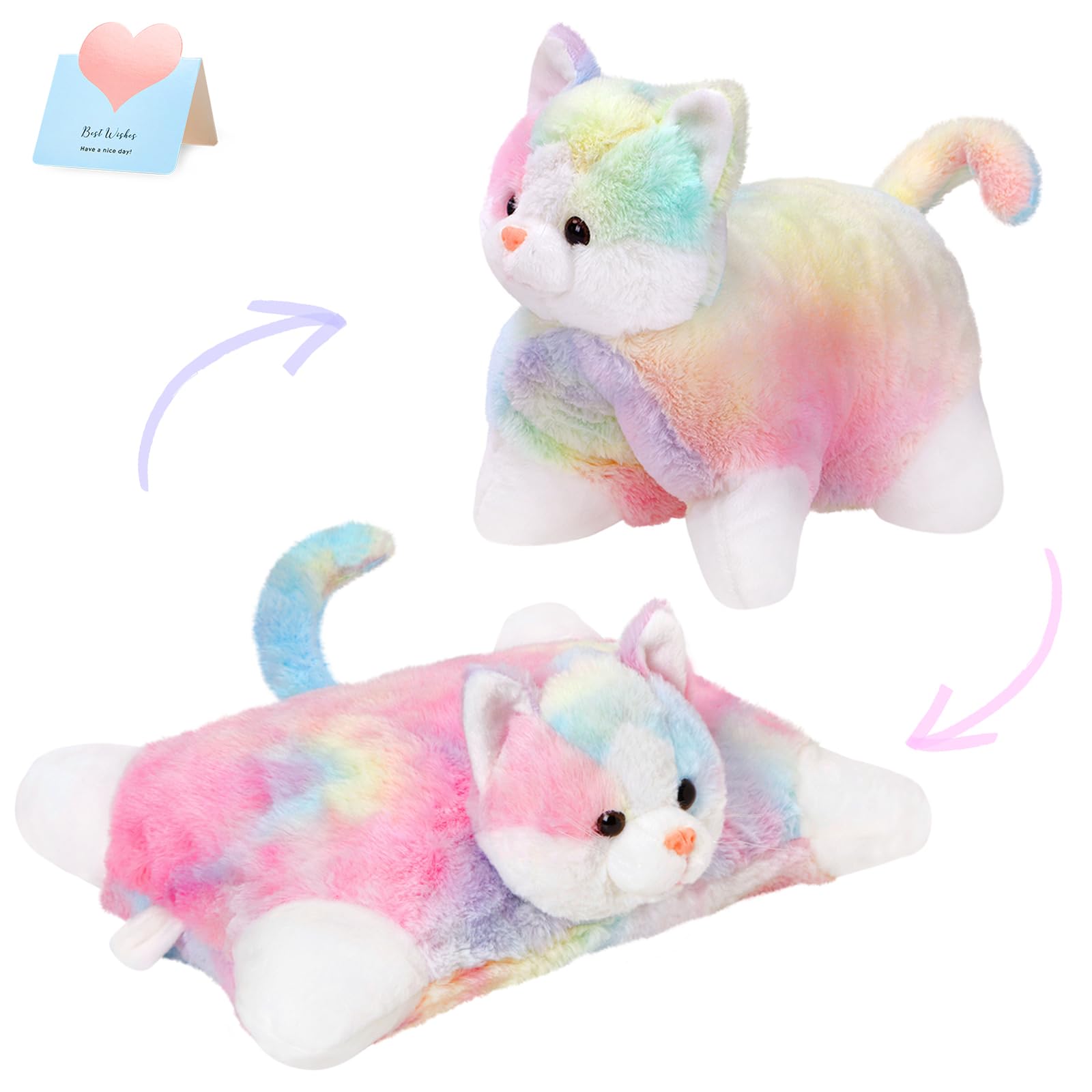 Glow Guards 16' Rainbow Cat Plush Pillow,Cute Kitty Stuffed Animal Soft Lovely Colorful Toy,Bedtime Sofa Decors,Christmas Birth