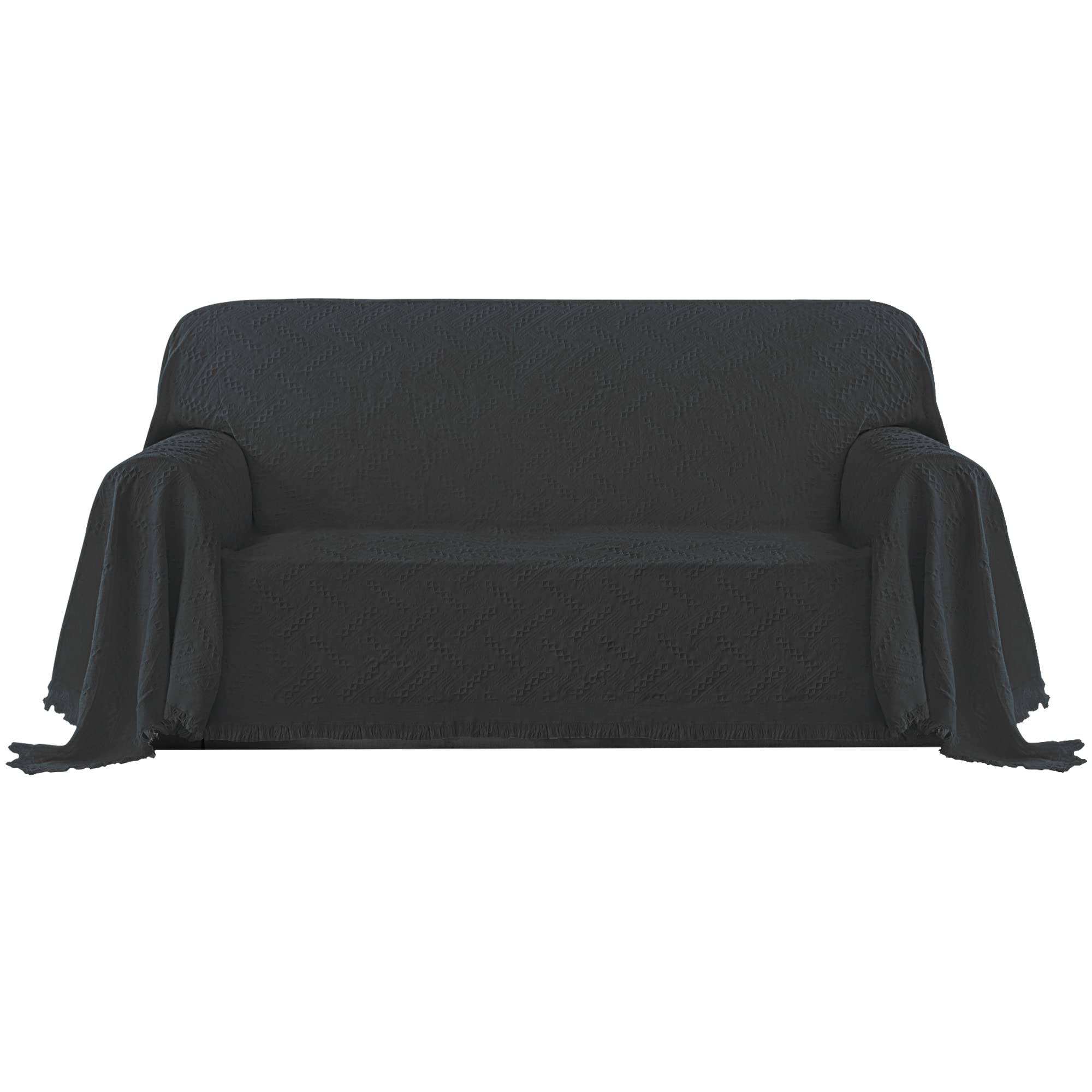 Purefit Geometric Jacquard Throw Sofa Cover - Textured Soft Washable Decorative Couch Covers For 3 Cushion Couch, Throw Cover With Tassels Furniture Protector For Pets, Kids (Medium, Dark Gray)
