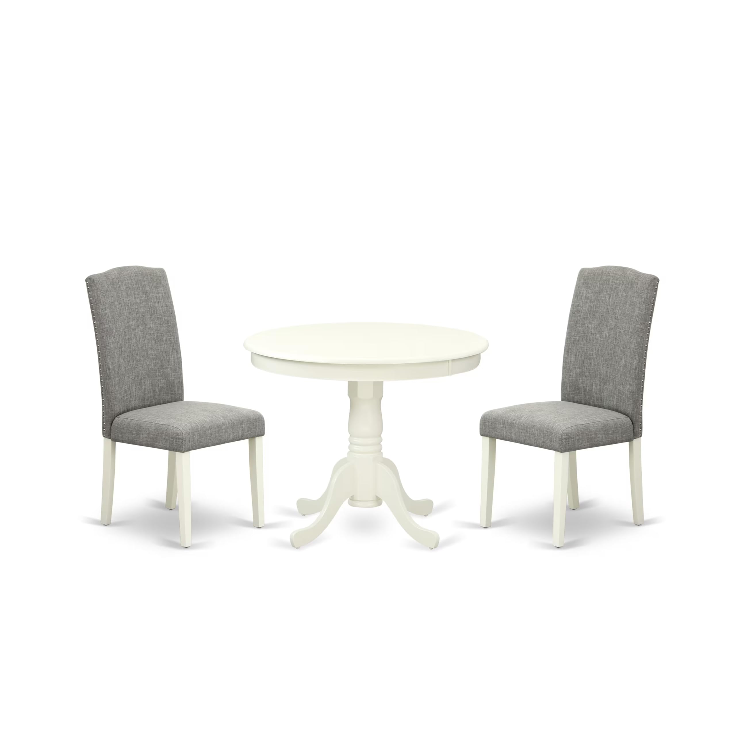 East West Furniture Anen3-Lwh-06 3 Piece Kitchen Table Set Contains A Round Dining Table With Pedestal And 2 Dark Shitake Linen Fabric Parson Dining Room Chairs, 36X36 Inch, Linen White