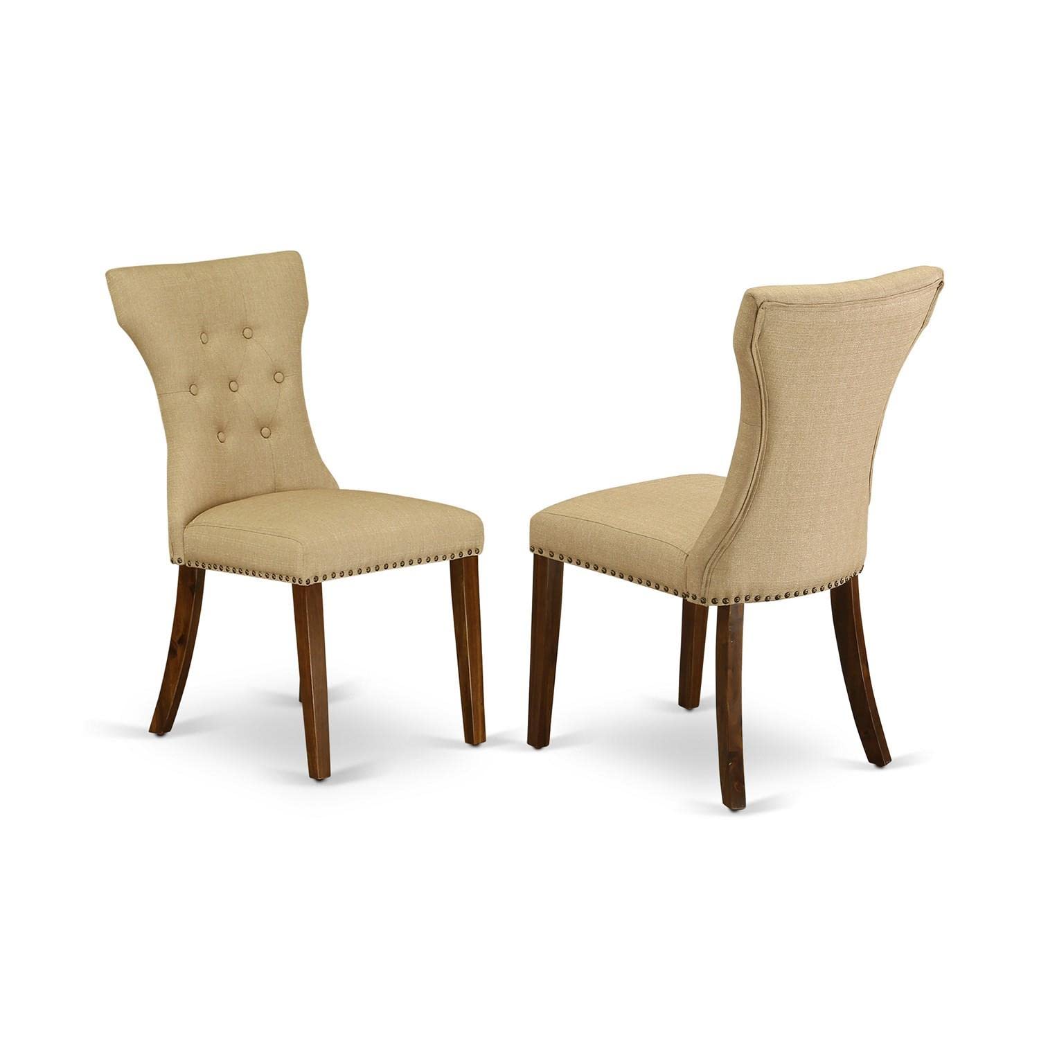 East West Furniture Dlga3-Ana-03 3 Piece Kitchen Table Set For Small Spaces Contains A Round Dining Room Table With Dropleaf And 2 Brown Linen Fabric Padded Chairs, 42X42 Inch, Natural