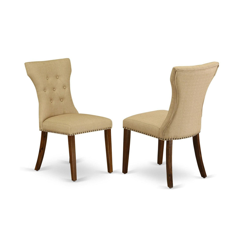 East West Furniture Dlga3-Ana-03 3 Piece Kitchen Table Set For Small Spaces Contains A Round Dining Room Table With Dropleaf And 2 Brown Linen Fabric Padded Chairs, 42X42 Inch, Natural
