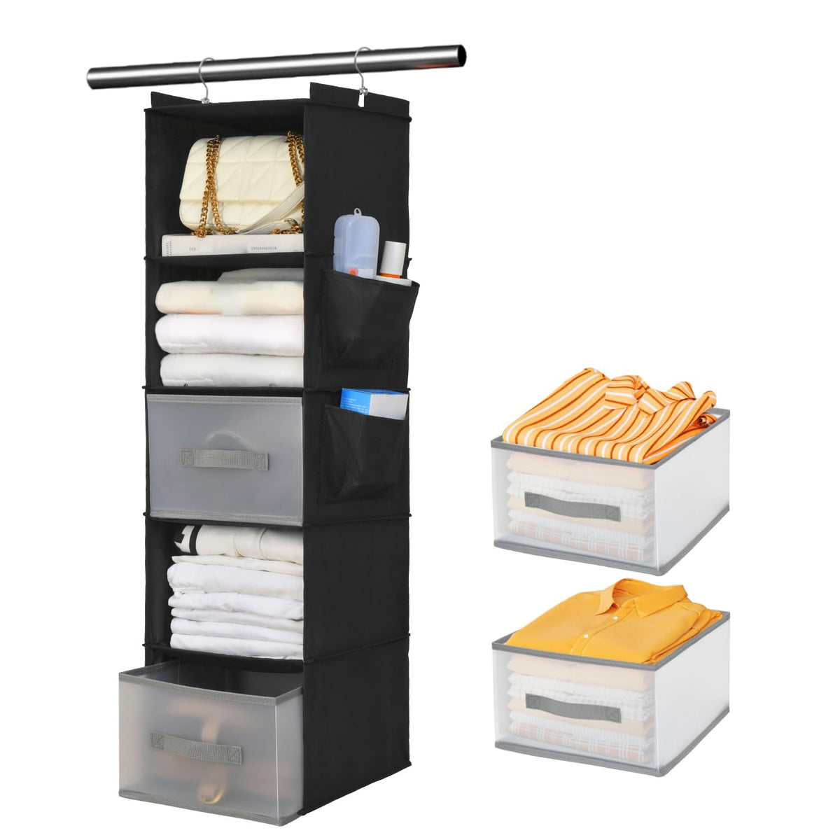 BIEBOS 5Layer Suspended Fabric Shelf Organizer, Equipped with 2 Sturdy Hooks, 2 Separate Drawers, and Foldable Hanging Storage 