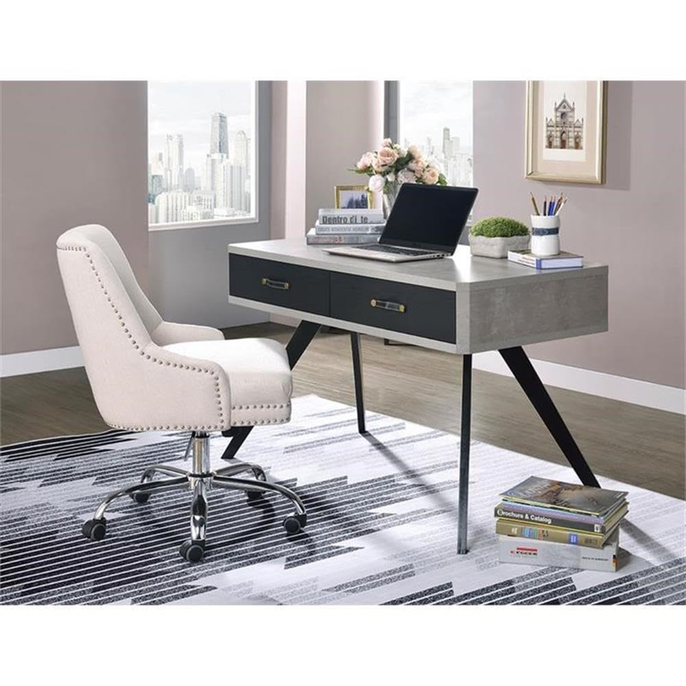 Acme Magna Wooden Writing Desk with 2 Drawers in Faux Concrete and Black