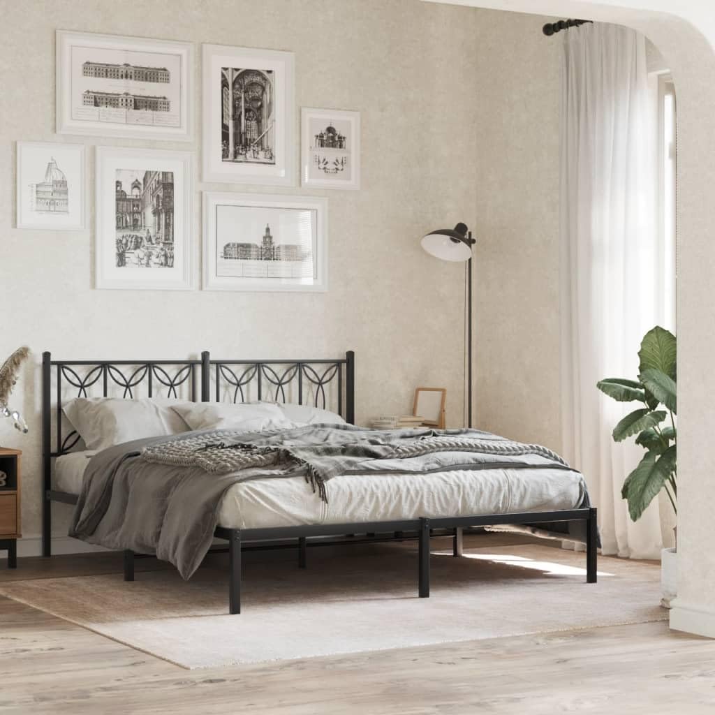 vidaXL Metal Bed Frame with Headboard Black Steel 59.1x78.7 - Double Bed with Storage Space