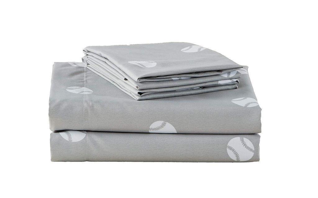 Chezmoi Collection 3-Piece Kids/Teens Sports Sheet Set - Soft Microfiber Gray White Baseball, Twin XL Size