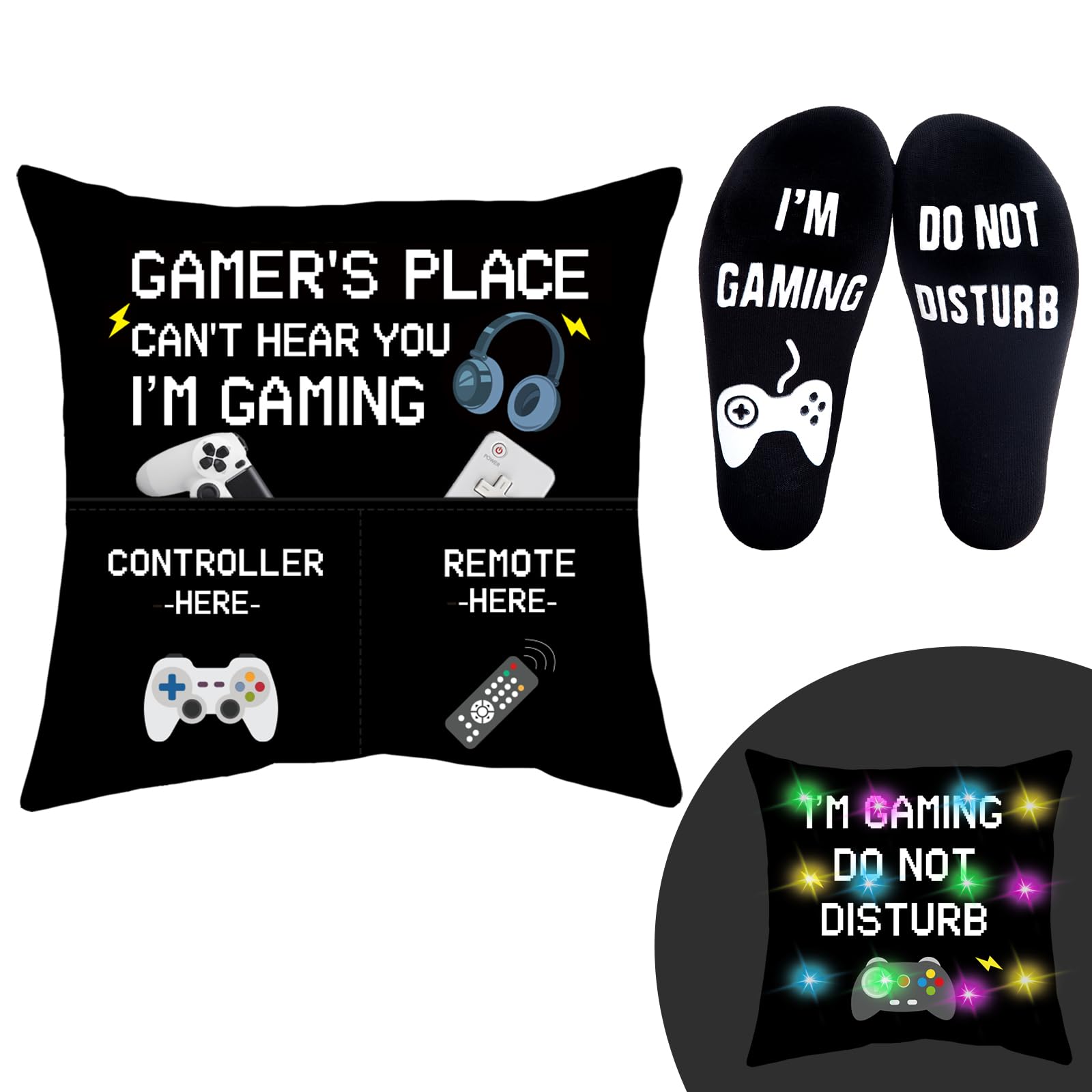 Goaus Gamer Gifts Funny Socks, Light Up Gaming Pillow Cover 18X18 Inch Dual Pockets, Valentines Day Gifts For Teens Teenage Boys
