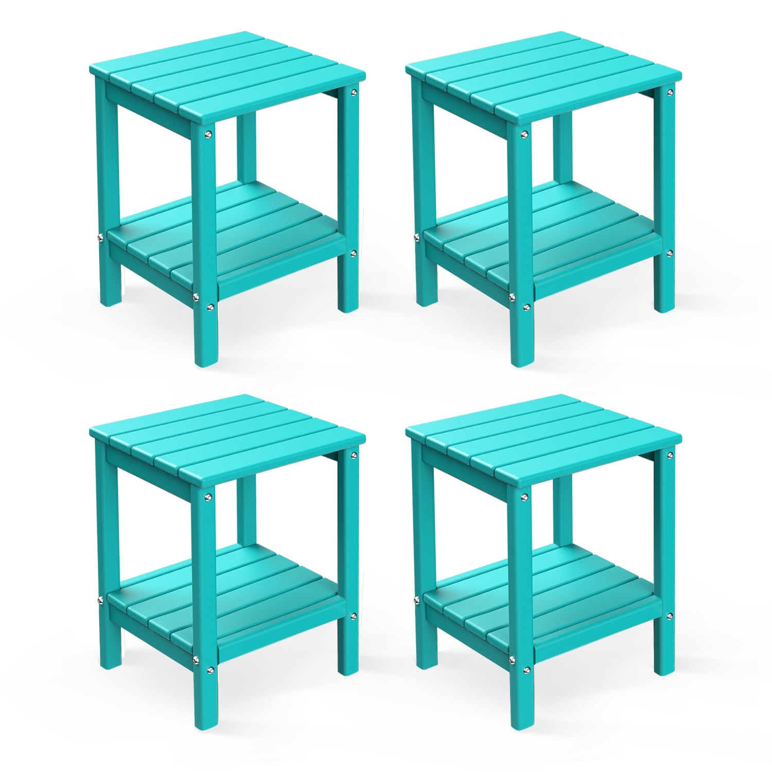 Greenvines Adirondack-Outdoor-Side-Table | Set Of 4 | 14 X 13 Inches | Hdpe Plastic | All Weather | Aqua | Outside End Tables | Storage Shelf | For Patio Porch Backyard Indoor