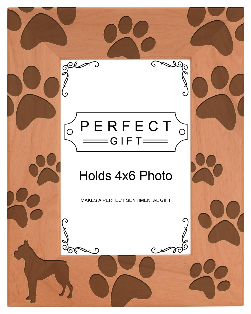 Dog Lover Gift Boxer Silhouette Paw Prints Natural Wood Engraved 4x6 Portrait Picture Frame Wood
