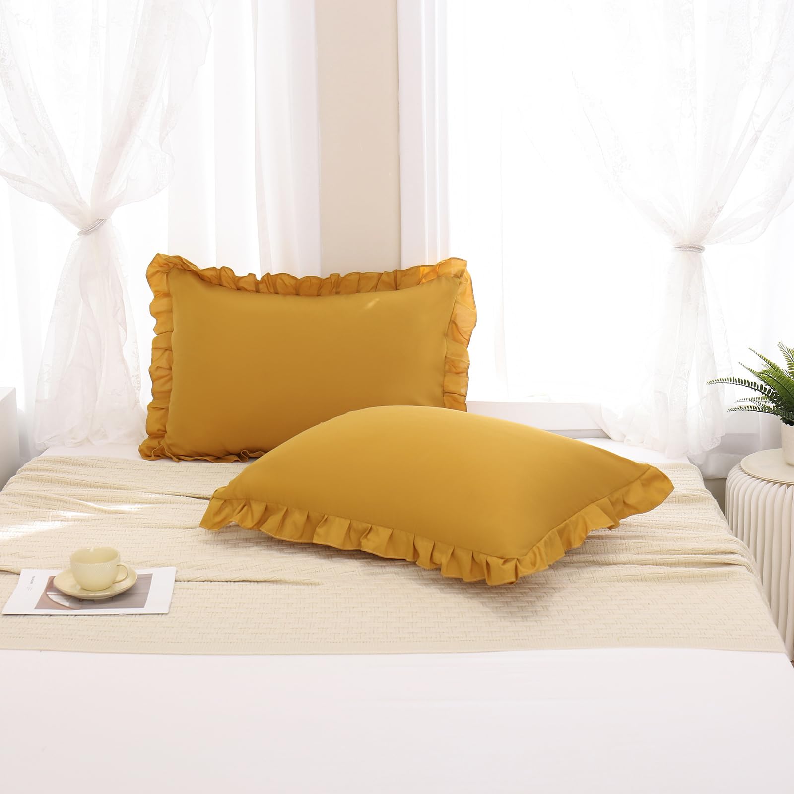 Merryword Mustard Yellow Pillowcases Standard Pillowcases Set Of 2 Ruffle Pillow Shams Cute Pillow Covers Solid Ruffled Fringe D