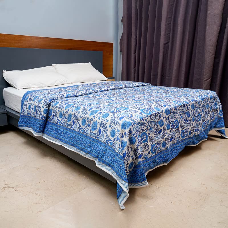 Inizio 100% Cotton Reversible Warm AC Dohar Double Bed Size | Jaipuri Printed Artisan Block Design Bed Blanket | Soft Quilt | Li