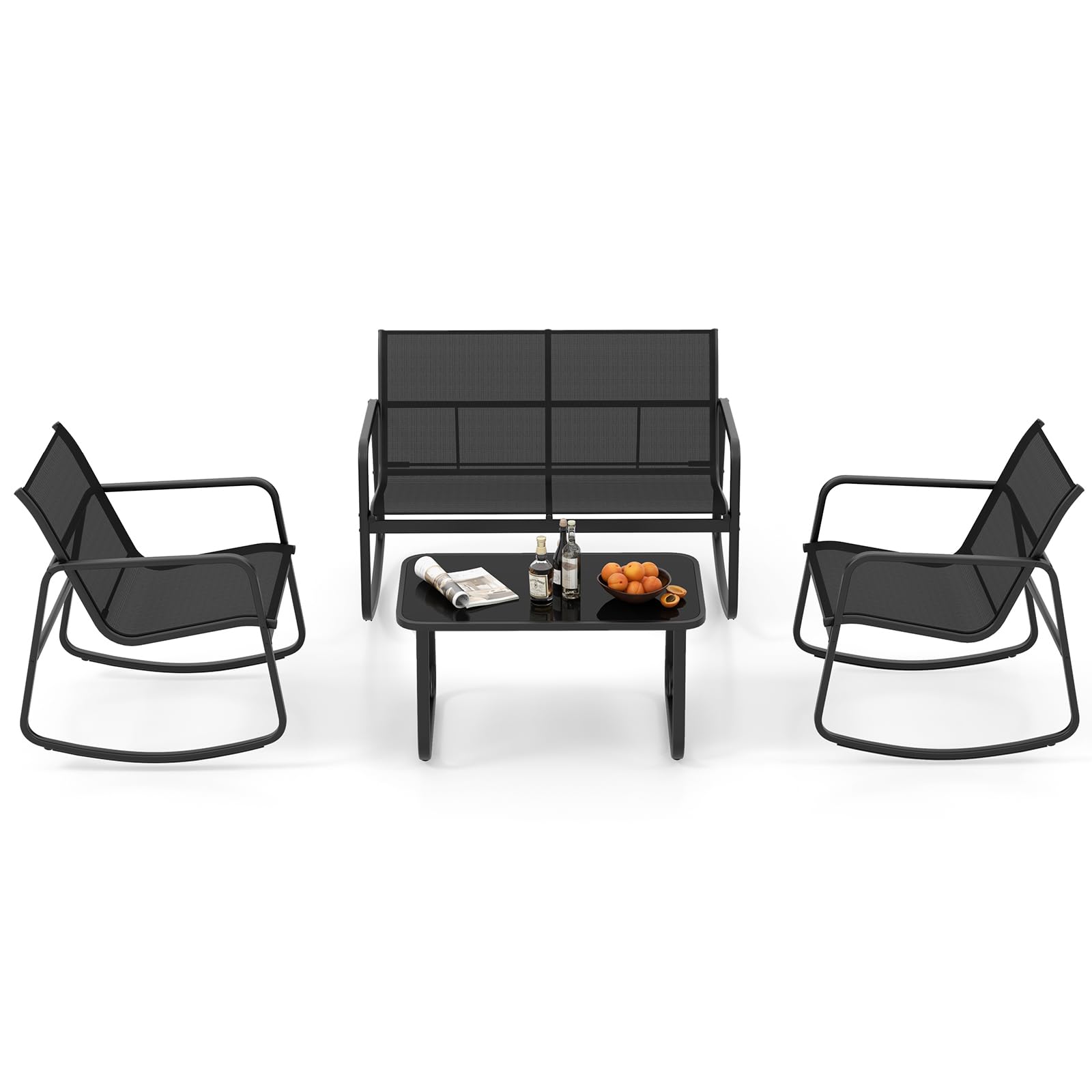 Tangkula 4 Piece Patio Rocking Set, 2 Rocking Chairs & Loveseat With Glass-Top Table, Patio Furniture Set With Smooth Rocking Mo