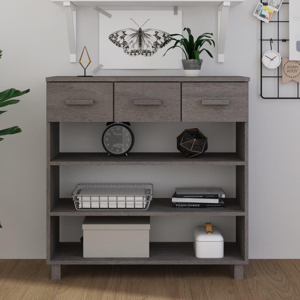 vidaXL Solid Pinewood Console Table HAMAR with Shelves and Drawers, Light Gray - Ideal for Living Room and Hallway