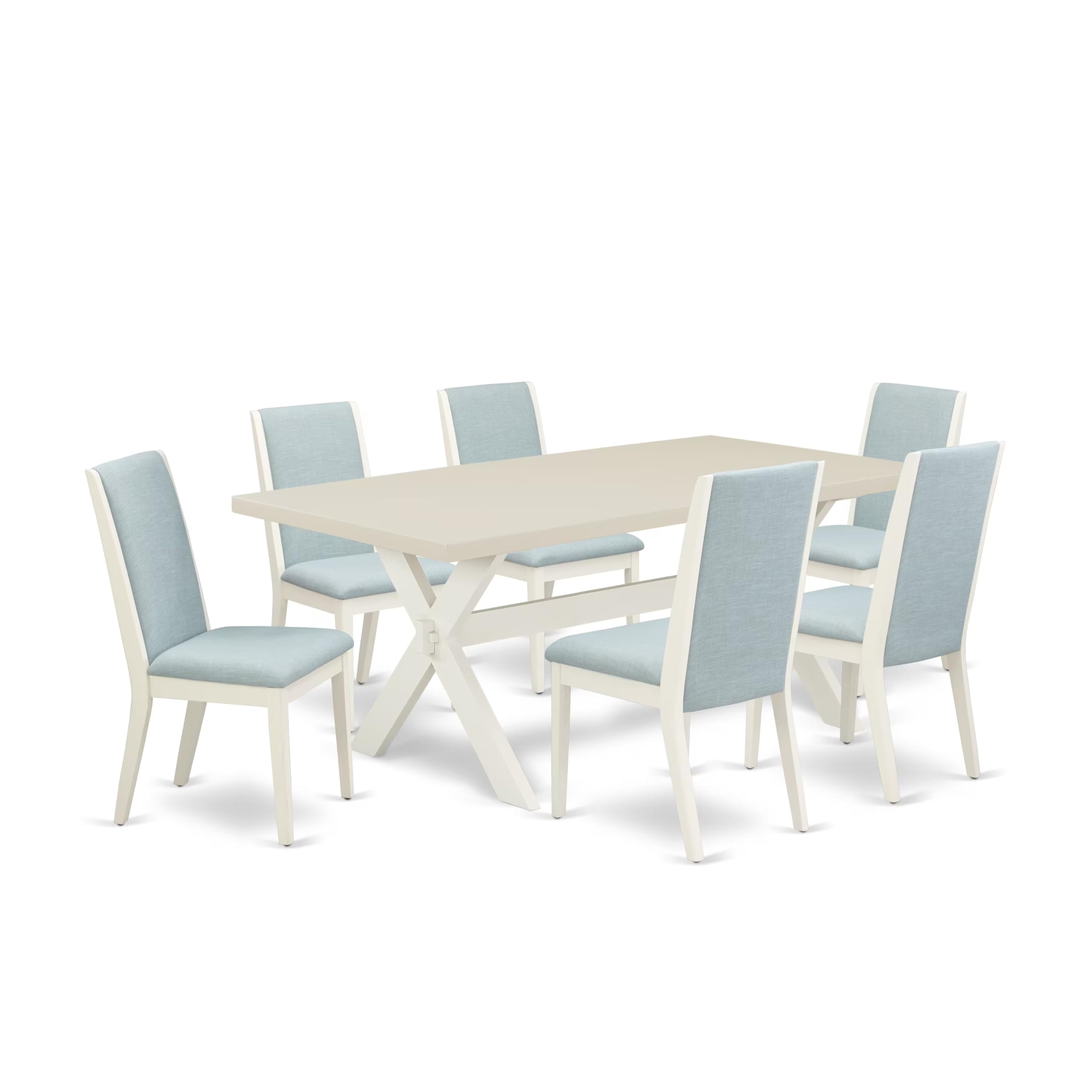 East West Furniture X027La015-7 7 Piece Dining Room Furniture Set Consist Of A Rectangle Dining Table With X-Legs And 6 Baby Blue Linen Fabric Parsons Chairs, 40X72 Inch, Multi-Color