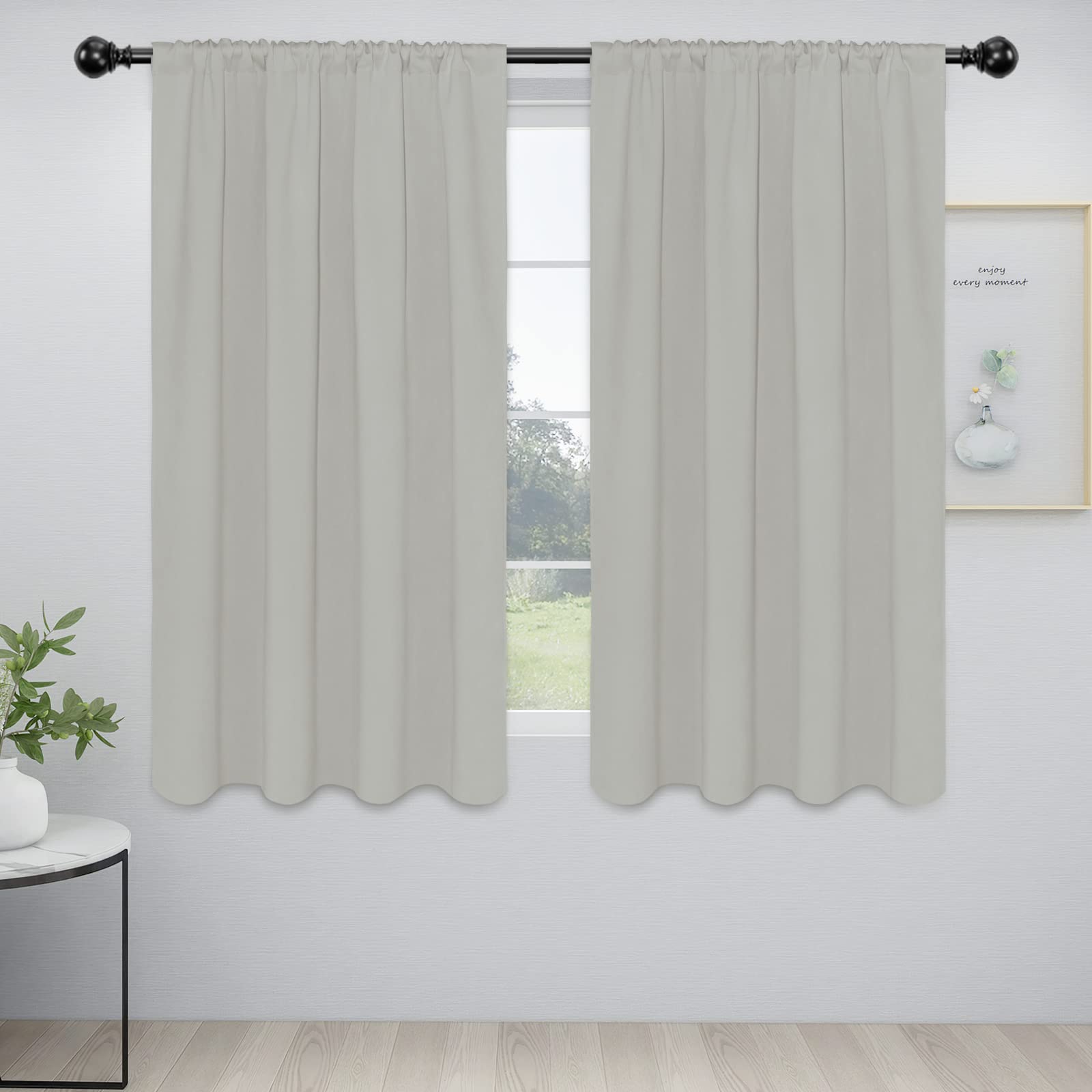 Easy-Going Rod Pocket Blackout Curtains For Bedroom, Room Darkening Window Curtains For Living Room, Thermal Insulated Noise Reduction Solid Window Drapes, 2 Panels(52X56 In, Greyish White)