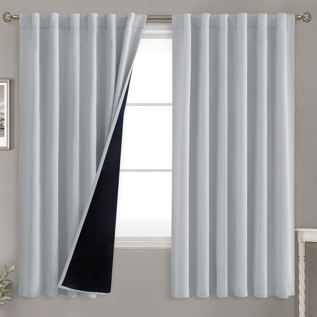 Bgment Light Grey 100% Blackout Curtains 63 Inches Long With Reducing Noise Liner, Rod Pocket And Back Tab Double Layer Full Roo