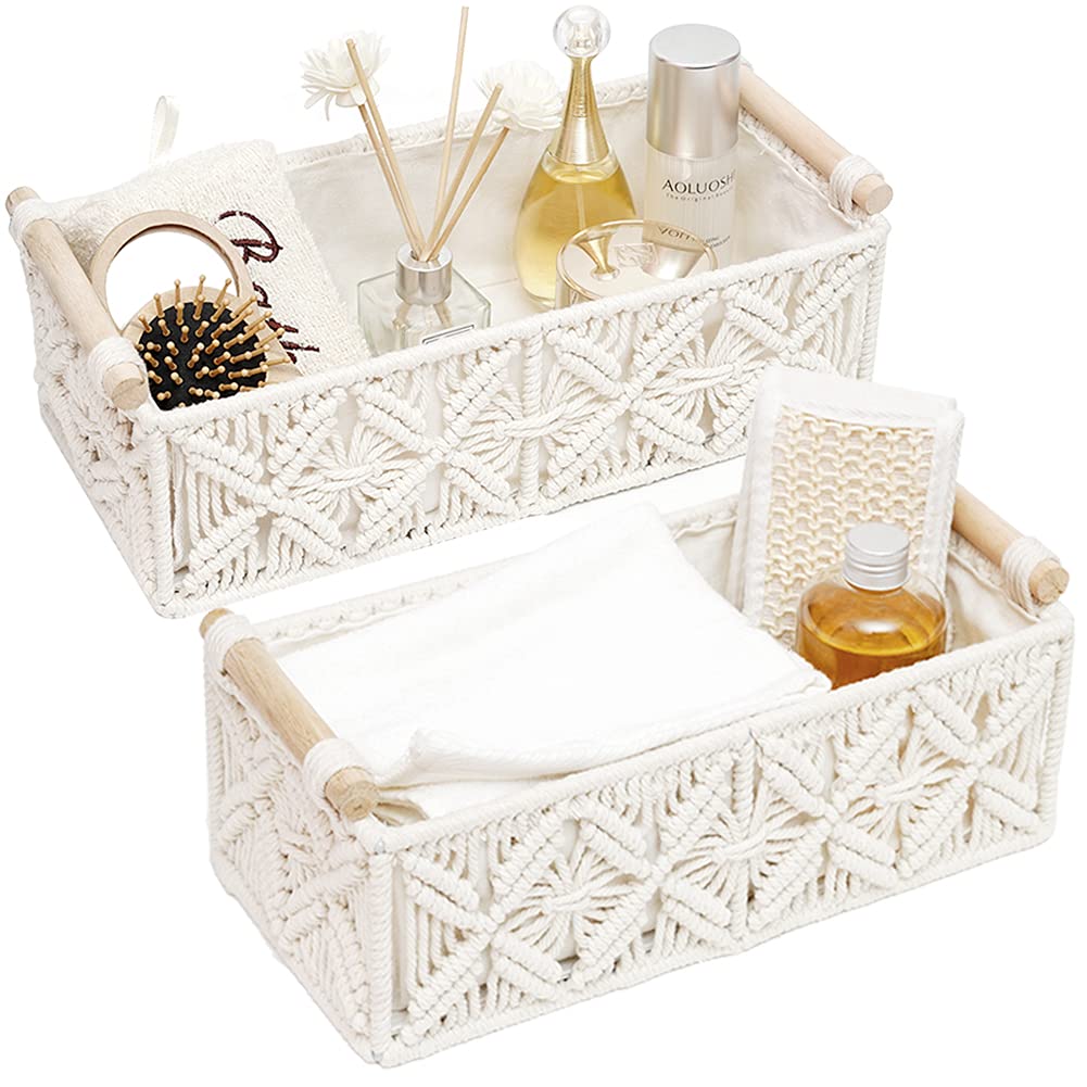 Macrame Boho Decor Baskets for Organizing Woven Decorative Basket for Countertop Toilet Paper Basket for Tank Top for Home Decor