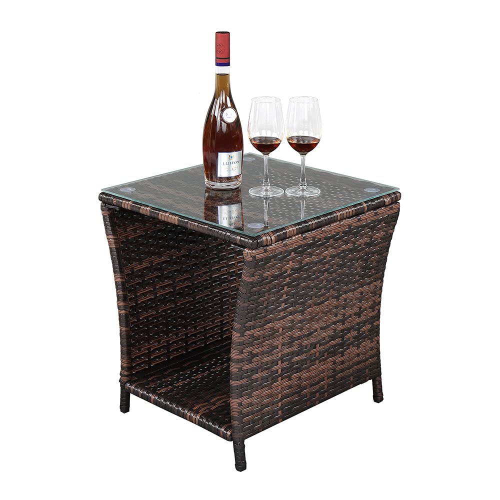 Wicker Rattan Side Table, Outdoor Square Rattan Coffee End Table with Tempered Glass Top and Storage for Patio Porch Lawn (Black