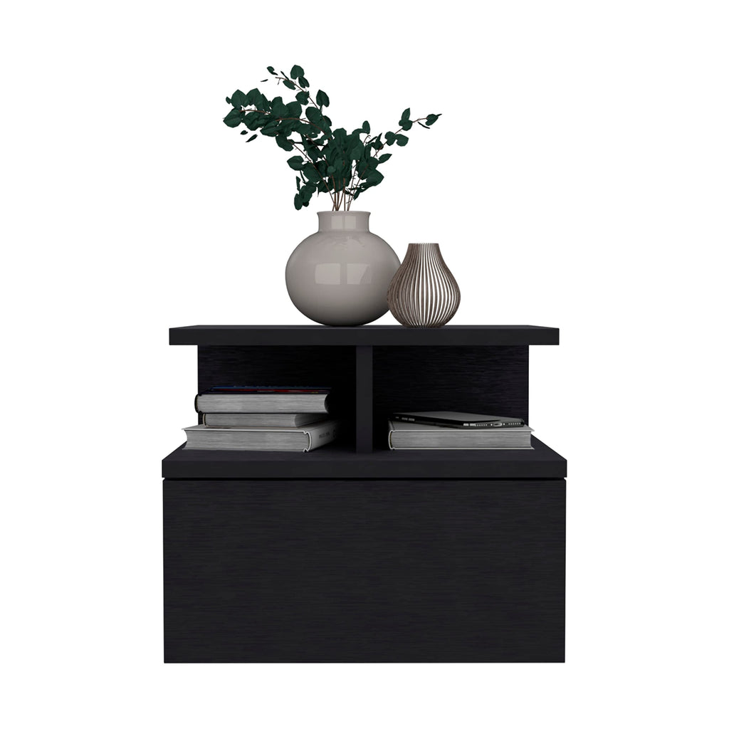 Depot E-Shop Floating Nightstand, Wall Mounted, Single Drawer, 2-Tier Shelf, Black, 12&Quot; H X 14.01&Quot; W X 13.22&Quot; D