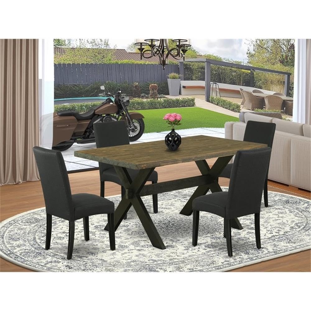 East West Furniture X676Dr124-5 5 Piece Dining Room Table Set Includes A Rectangle Kitchen Table With X-Legs And 4 Black Color Linen Fabric Parson Dining Chairs, 36X60 Inch, Multi-Color