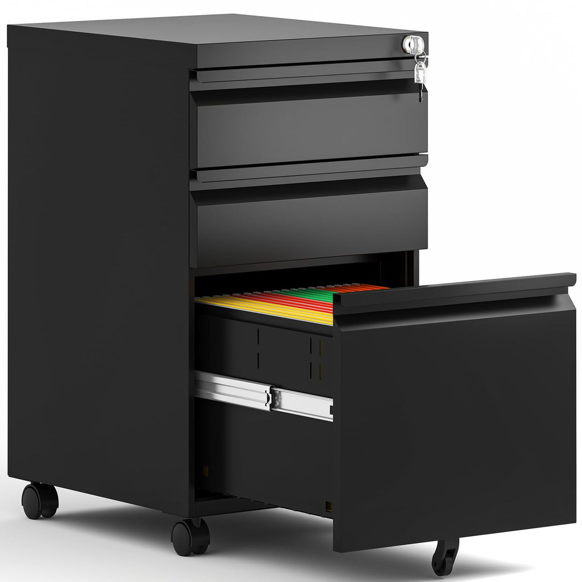 Bizoeiron 3 Drawer Mobile File Cabinet, Metal Under Desk Filing Cabinet With Lock And Wheels, Home Office Rolling File Cabinet For Legal/Letter Hanging File Folders, Fully Assembled (Black)