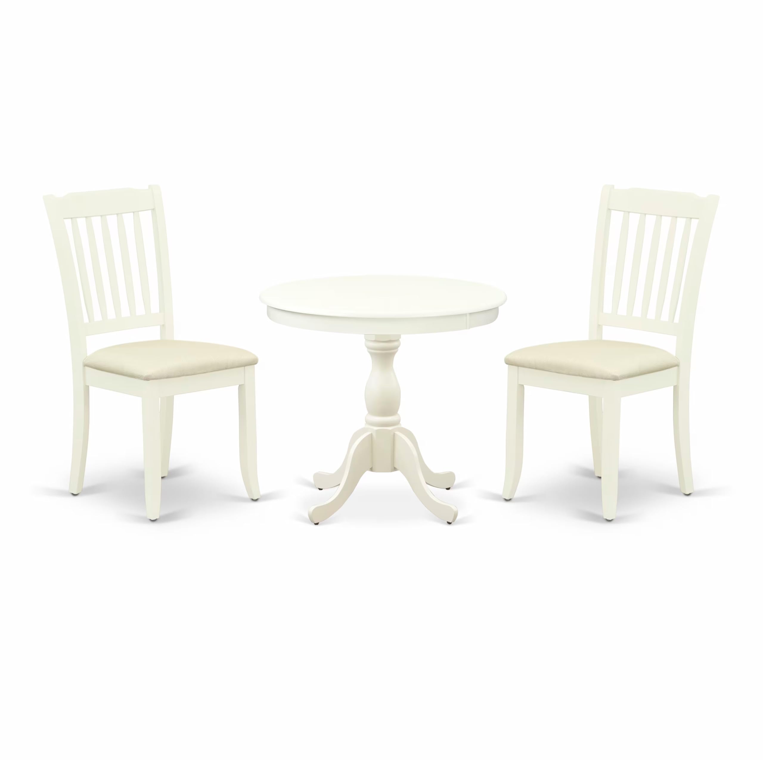 East West Furniture AMDA3-LWH-C 3 Piece Dining Table Set for Small Spaces Contains a Round Kitchen Table with Pedestal and 2 Linen Fabric Upholstered Chairs, 36x36 Inch, Linen White
