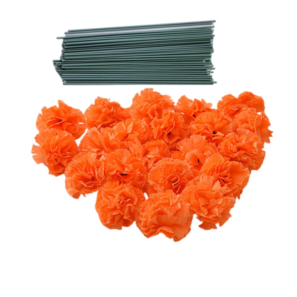 50 Artificial Silk Carnation Flower Head with Stems Set,Vase Fillers,Marigold Flower Heads for Diwali Home Decor Day of The Dead