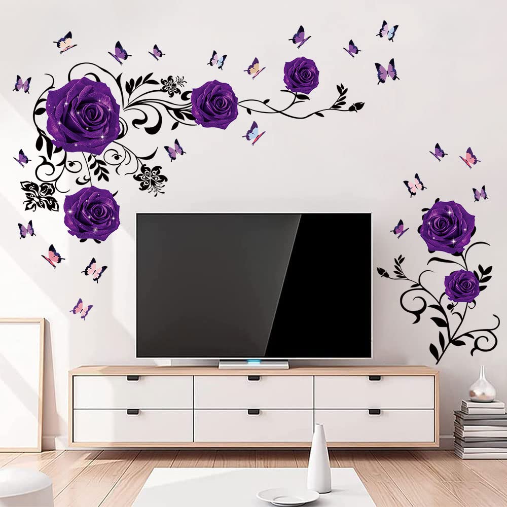 Supzone Purple Rose Wall Stickers Rose Flower Vine Wall Decal Purple Peony Floral Wall Decor DIY Vinyl Mural Art for Bedroom Liv