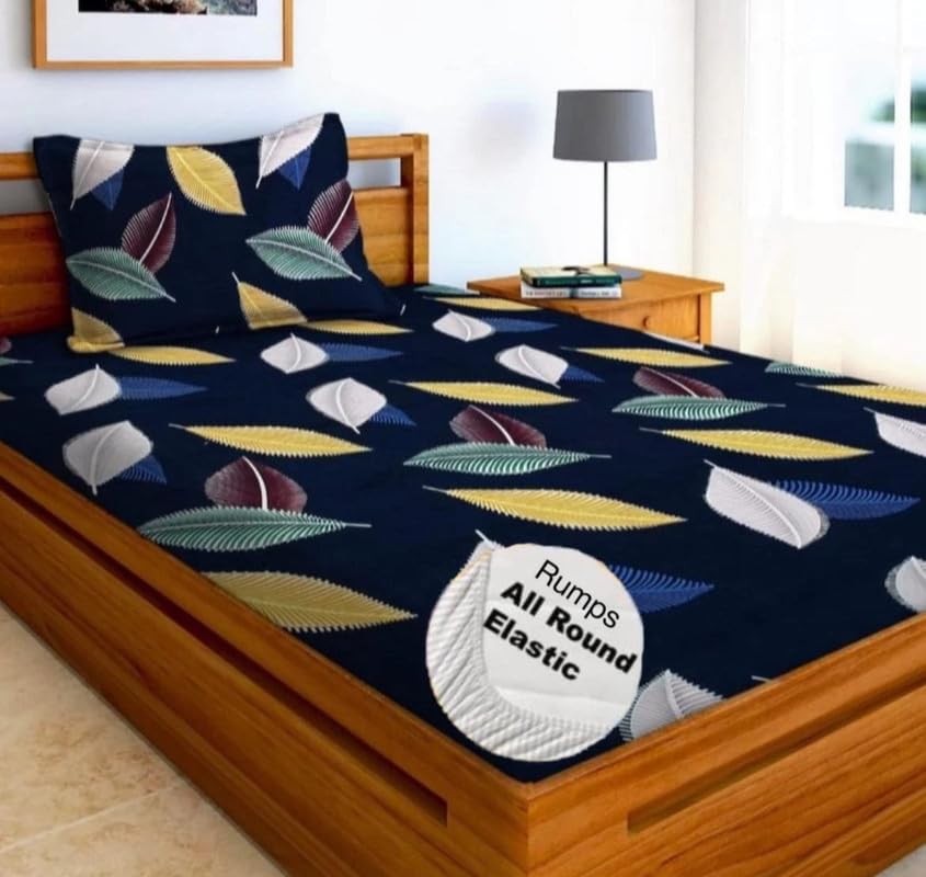 Fitted Cottonsingle Bedsheet (Elastic) With 1 Pillow Cover Single Gold 26 (RajatSingleA26_Bzr)